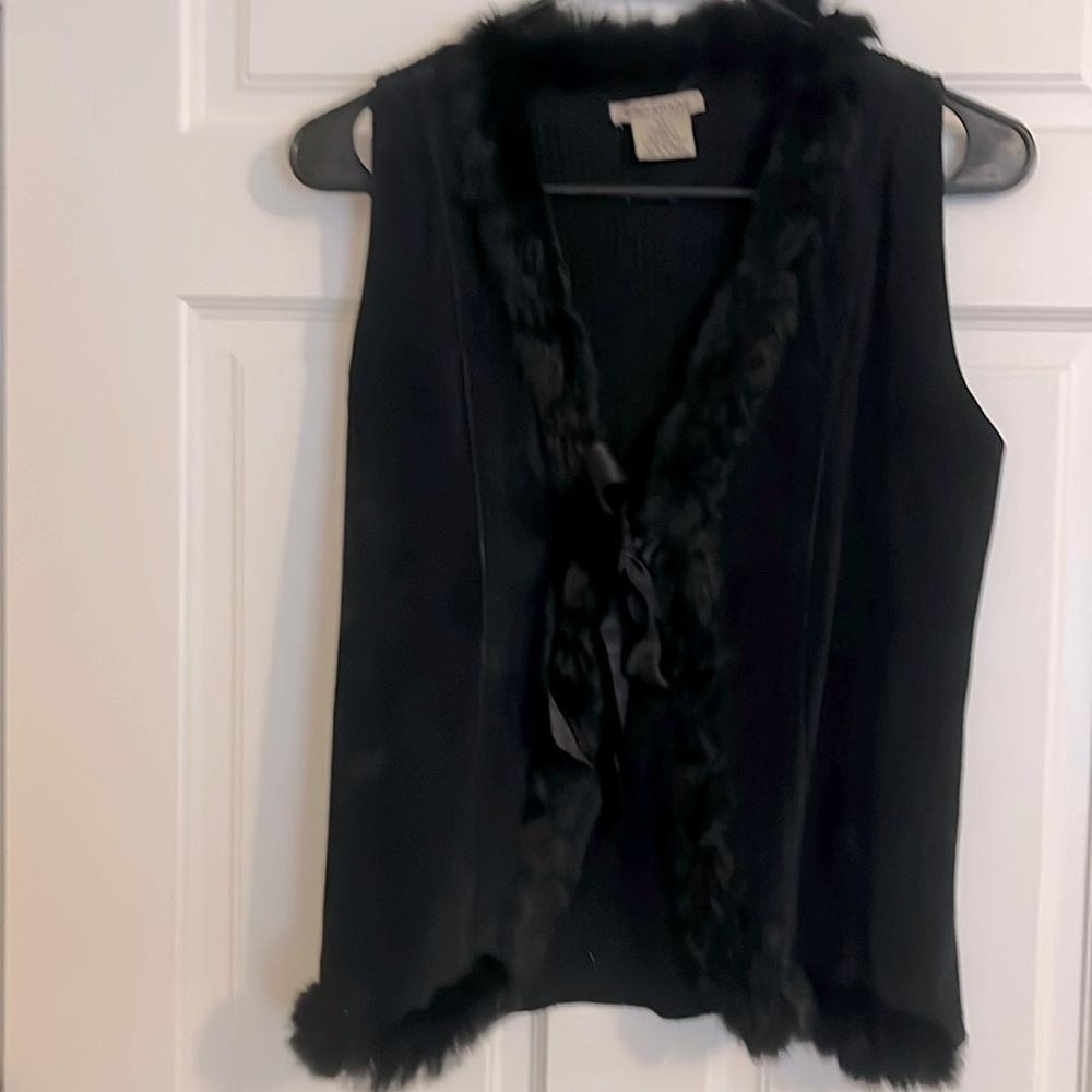 Suede black vest with fur trim. Silk ribbon closure, size medium